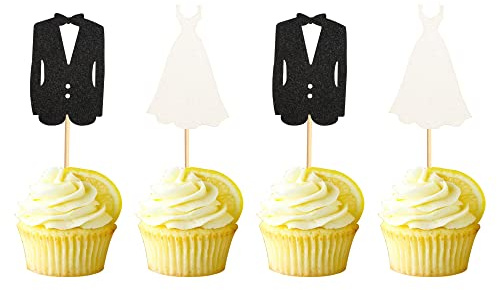 Arthsdite 24pcs Bride and Groom Cupcake Toppers Wedding Dress and Tux Cupcake Picks Bridal Shower Wedding Engagement Anniversary Party Cake Decorations Supplies
