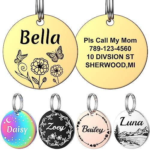 YEHANTI Hundemarke mit Gravur, Dog Tag Personalisiert mit Name, Telefonnummer und Verschiedene Muster Graviert für Hunde Katzen, Rund Edelstahl Adressanhänger Marke für Hundehalsband (Klein, Gold)