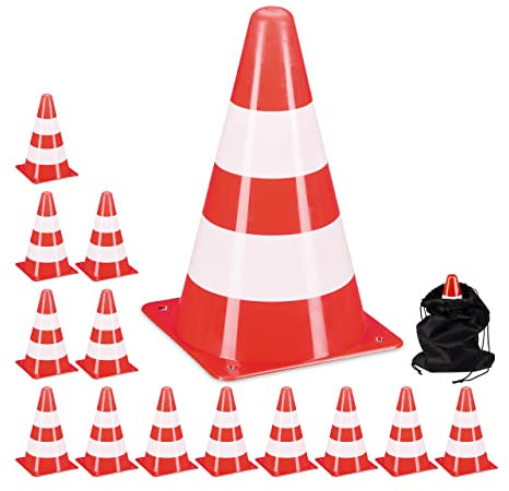 Relaxdays Pylonen 14er Set, für Fußball- und Hundetraining, Markierungskegel 23 cm hoch, Schnürbeutel, stapelbar, orange