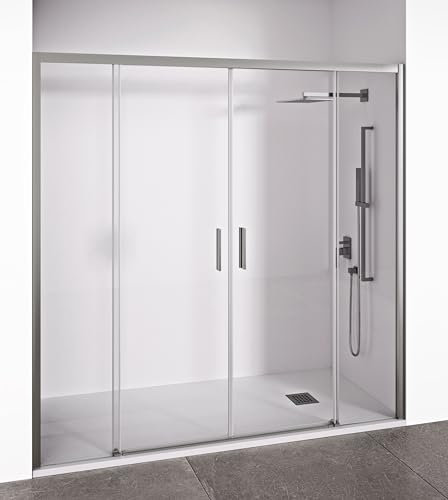 Mampara de ducha frontal 2 hojas correderas + 2 fijos sin perfilería inferior - Transparente - Cristal templado 6 mm Antical - Perfilería Plata Brillo - Ancho adaptable 145-150 cm - Alto 195 cm - EIRE