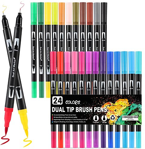 Mzh Art Dual Brush Pen Set 24 Farben Doppelfilzstifte, Malstifte für Kinder und Erwachsene, Faserschreiber und Fineliner Set für Aquarelle, Handlettering Mandala Kalligraphie Manga, 0.4 &1-2mm