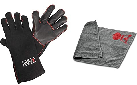Weber 17896 Leder-Grillhandschuh, schwarz & 17689 Mikrofasertuch, Reinigung, polieren, grau, 25.0 x 6.0 x 9.0 cm