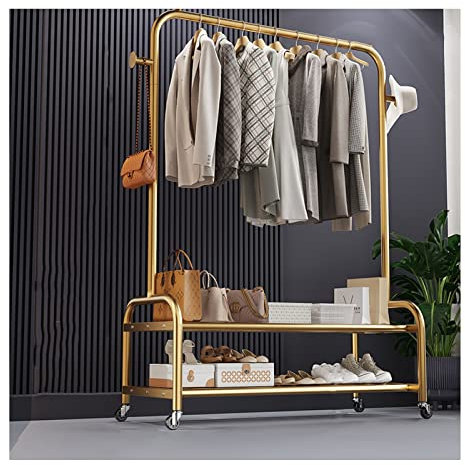Einzelne aufgeräumte Schienen Robuster Kleiderständer aus Metall Freistehender Kleiderbügel Multifunktionaler mobiler Kleiderwagen Mit 2-stöckigen unteren Lagerregalen für Schlafzimmer ( Color : Gold