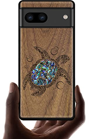 Carveit Designer Wooden Case for Google Pixel 7a Case Cover [Wood Engraving & Shell Inlay] Compatible with Wireless Chargers Pixel 7a Case (Sea Turtle-Walnut)