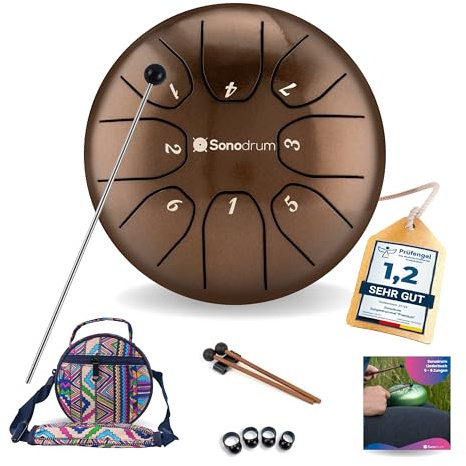 Sonodrum Zungentrommel Standard C - Dur in Bronze - 14 cm klein mit 8 Tönen - Steel Tongue Drum inkl. Liederbuch, Schlägel, Fingersticks und Tragetasche - Notenlesen nicht nötig, einfach zu spielen.