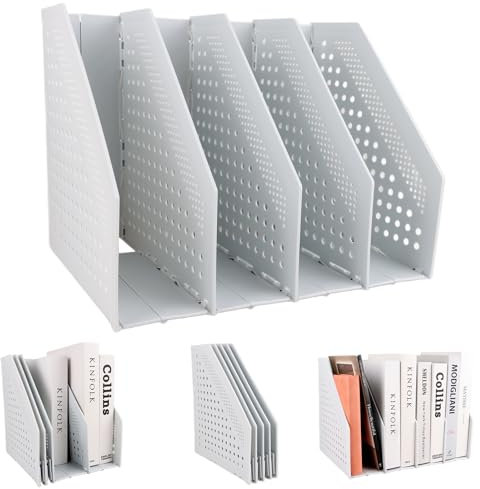 APACALI 1 Stück Stehsammler A4 Faltbarer Stehsammler A4 Kunststoff, Zusammenklappbarer Zeitschriftenhalter, Aktenmagazinhalter mit 4 Fächer für Büro-Organisation und Aufbewahrung, hellgrau