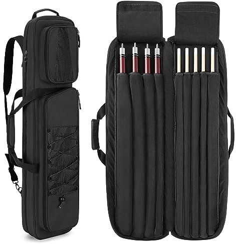 GOBUROS 4x5 Pool Queue Koffer, Billard Stick Tragetasche für 4 Kolben und 6 Schäfte, weiche Pool Stick Tasche mit großen Zubehörtaschen vorne und Schultergurt,Schwarz