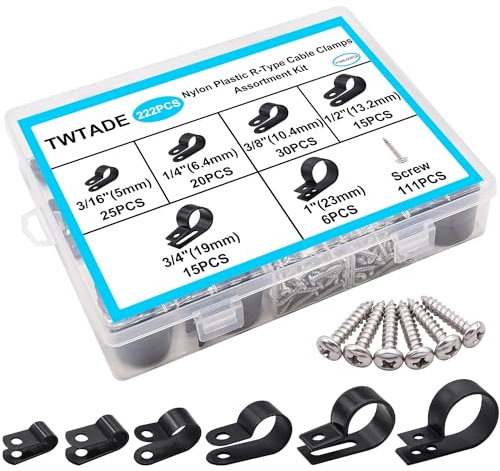 TWTADE Kabelklemmen-Sortiment, Nylon, Kunststoff, R-Typ, 6 Größen, 3/16 Zoll, 1/4 Zoll, 3/8 Zoll, 1/2 Zoll, 3/4 Zoll, 2,5 cm, Kabelbefestigung, Drahtclips mit Schrauben für Drahtmanagement, 222 Stück