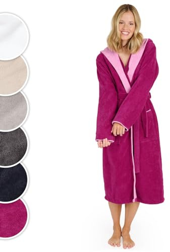 Blumtal badrock dam, gosig mjuk badrock dam bomull med fodrad huva och sammetslen frottévelour, Oeko-TEX®-certifierad, storlek M, fuchsia och rosa