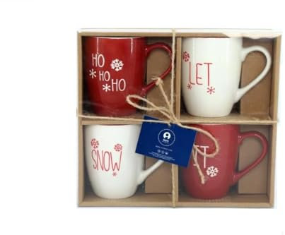PLUS HOME Pack de 4 tazas navideña.4x Taza de Café de Porcelana navidad- Taza para Bebidas Frías y Calientes.Capacidad 350ml tamaño 12X8X10 360ML, ROJO