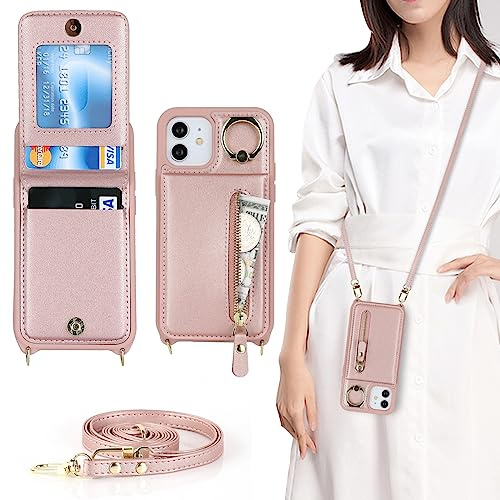 CAVOR Handykette Handyhülle Kompatibel mit iPhone 12 Mini Hülle Mit Band,Flip Leder Geldborse Hülle,[4 Kartenfach][Mit Ring][Reißverschluss],Handytasche zum Umhängeband - Rose Gold