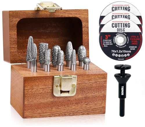 TiERGS Tungsten Carbide Burr Set, 1/4 Shank, 10Pcs Die Grinder Bits, Compatible with DeWalt & Milwaukee Die Grinders, with Mandrel and Cut-Off Wheels