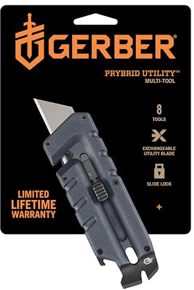 Gerber Gear Prybrid Utility Knife with Pocket Clip, Box Cutter Retractable Blade, Heavy Duty Utility Razor with Pry Bar, Bottle Opener, and Wire Stripper, Multi tool Pocket Knife, Blue with Clip