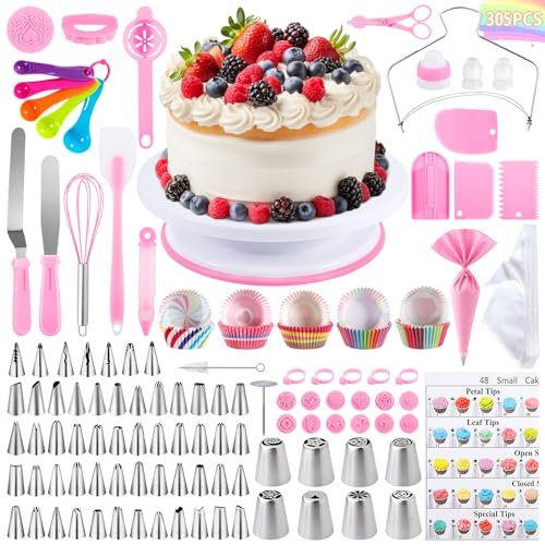 JAMATA Set Pasticceria 305 Pezzi, Kit Decorazioni Torte con Piattaforma Girevole, Ugelli in Acciaio Inox, Spatole e Sac à Poche in Silicone, Perfetto per Pasticceria e Cake Design