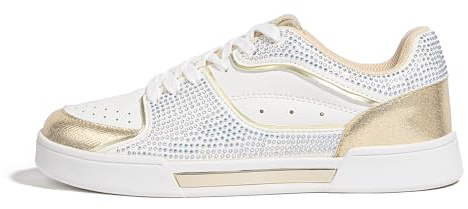 LUCKY STEP Women's Rhinestone Sneakers Sparkly Bling Glitter Wedding Tennis Shoes Fashion Casual Walking Comfortable Shiny Footwear(Gold,8.5)