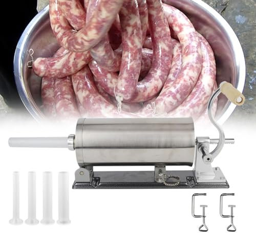 Wurstfüller Manuell, 3L Wurstfüllmaschine mit 4 Füllrohre, Wurstmaschine aus Edelstahl, Wurstspritze Silber Wurstpresse für Restaurants, Snackbars, Märkte und Küchen