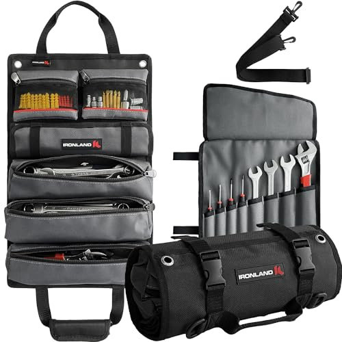 IRONLAND Werkzeugtasche zum Aufrollen, robuster Werkzeug-Organizer für Herren, tragbare Werkzeug-Aufbewahrungsbox mit 6 abnehmbaren Reißverschlusstaschen, Geschenke für Vater, Werkzeug-Roll-Organizer,