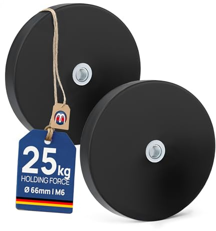 2 x Neodym Magnet-System gummiert Innengewinde - Durchmesser Ø 66 mm - Innen-Gewinde M6 - Haftkraft 25 kg - 2 Stück - NdFeB Magnetsysteme mit Gummimantel - Anti-Rutsch-Beschichtung