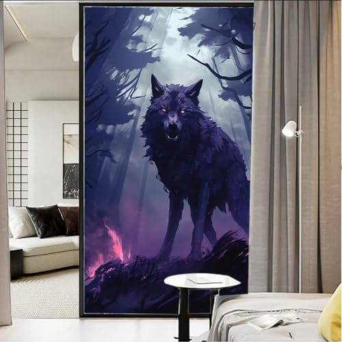 Abstrakter Wald Wolf Buntglas Fensterfolie Rotes Auge Tier Vintage Fenster Sichtschutzfolie Nicht klebende Glasfolie Dekorative Statische Frischhaltefolie für Home Office 90 * 160cm
