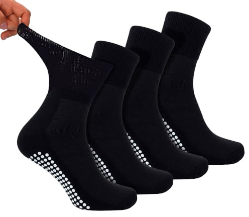Dr.Socks 4-pack bambu diabetiker ankelstrumpor med grepp | Herr & Dam | Extra breda strumpor för svullna fötter och ben, Svart, 43-45 EU