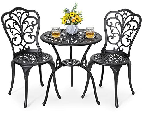 NUU GARDEN 3-teiliges Bistro-Set für den Außenbereich, wetterfest, Aluminiumguss, Terrassentisch und Stühle, 2er-Set mit Schirmloch für Hof, Balkon, Schwarz