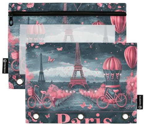 JUMBEAR Romantique Paris Tour Eiffel Lot de 2 pochettes pour classeur à 3 anneaux, trousse à fermeture éclair pour bureau, université, fournitures scolaires, cosmétiques