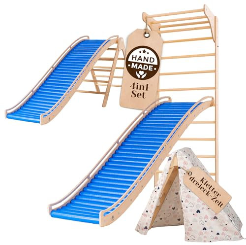 WoodsCraft 4in1 Wellenrutsche mit Kletterdreieck, Sprossenwand für Kinderzimmer & Kinderzelt Indoor | Rutsche Outdoor & Indoor | Kinderrutsche-Rollenrutsche | Kinder & Baby Rutsche für den Garten
