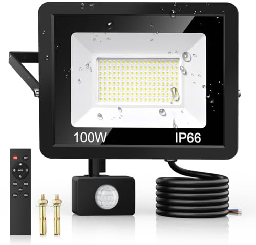 100W Security Lights Outdoor Motion Sensor, PIR Flood Light with Remote Control, IP66 Waterproof, 144 LEDs, Cool White, 6500K, 9000LM, Outdoor Light Mains Powered for Garden Corridor Entrance Backyard