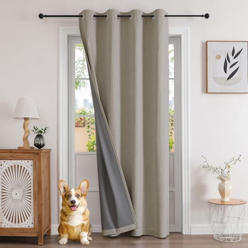 Joydeco Rideau Occultant Isolant Thermique à Oeillets 132x137 cm 1 Panneau, Double Rideaux Phonique Effet Lin Anti Froid et Chaleur pour Porte Fenetre Chambre Salon Dressing Placard - Couleur Lin