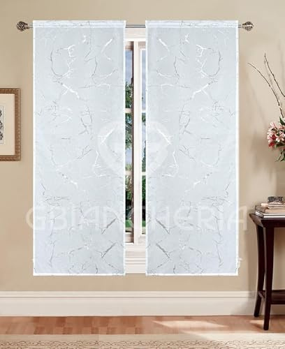 GBiancheria Coppia Tende Lorella con Stampa Metallizzata color Argento 60x150 60x240 per Finestre e Portefinestre Pronte da Appendere (60x150 cm)