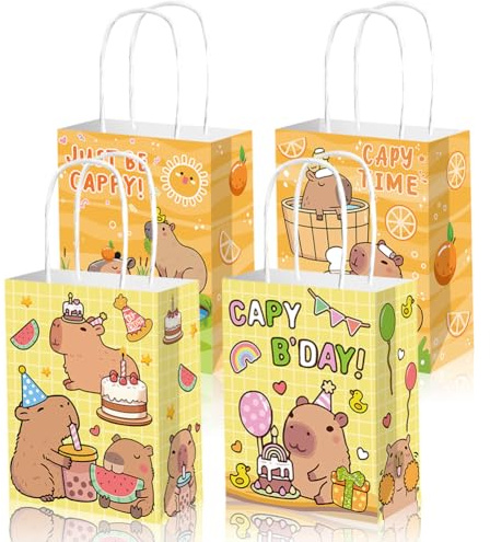 Capybara Partypresenter, väskor med handtag, 12 st söta capybara-papper presentpåsar, godispåsar godis mellanmål behandling papperspåsar för barn flickor pojkar födelsedag bröllop festtillbehör