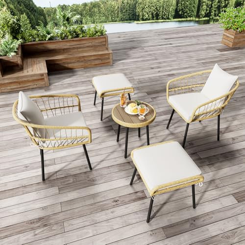 5er Gartenmöbel Set Balkonmöbel-Set aus Poly-Rattan Bistro Set mit 1 Esstisch, 2 Stühlen, 2 Hockern, Gartenstühle, Indoor Outdoor Sessel für Garten, als Terrassenstühle oder Balkon Sessel (A1)
