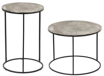 meineWunschleuchte Beistelltische 2er Set rund aus Metall Gestell Schwarz Tischplatte Silber, Höhe 46 und 61cm