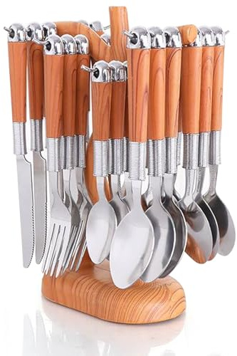 24 Pcs Stainless Steel Cutlery Set with Cutlery Rack, Eating Tableware Set Service for 6, Durable Flatware Set for 6 Includes Knifes, Forks & Spoons for Kitchen and Home