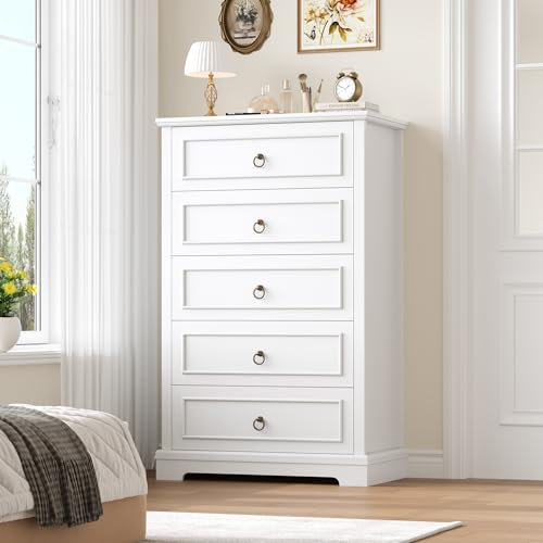 hefoths Kommode Weiß mit 5 Schubladen, 111 cm Komodenschrank mit Holzmaserung, Sideboard Schubladenschrank für Schlafzimmer Flur Wohnzimmer, 111×68×40 cm