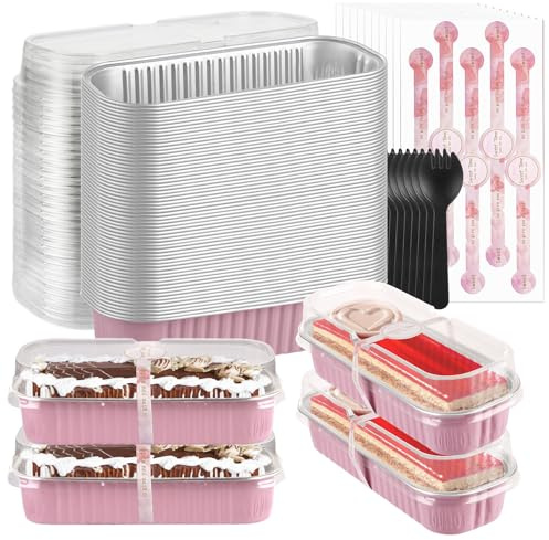 AKOLAFE 75Set Mini Loaf Tins for Baking 200ml Mini Loaf Pans with Lids and Spoons Aluminum Foil Baking Pans Rectangular Mini Cake Tins Cases with Sealing Sticker for Bread, Pink