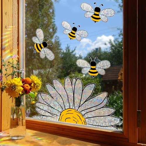 SIXHAOBU 5 Stück Bienen und Sonnenblumen doppelseitige Glasaufkleber, Fensteraufkleber mit Frühlings- und Sommermotiven, Doppelseitige & Wiederverwendbar Fensteraufkleber für Glas, Vitrinen