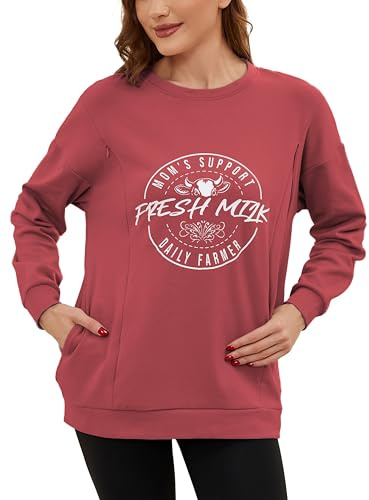 Love2Mi Maglietta da allattamento a maniche lunghe da donna, casual, con cerniera invisibile, per allattamento, maternità, con tasca, Legno rosso, L