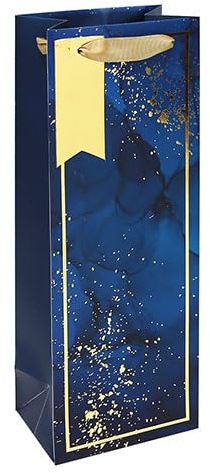 Dark Blue Marble Bottle Gift Bag – 35cm x 12.5cm x 9cm – Elegant Paper Wine Bag with Rope Handles & Tag for Birthdays, Weddings & Celebrations