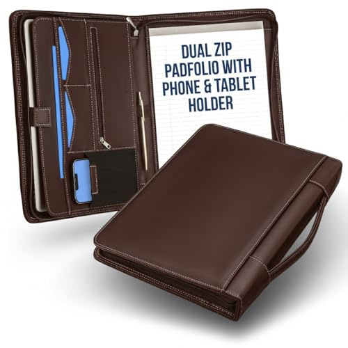 STYLIO Walnut Zipper Padfolio Portfolio Binder w/Carrying Handle | Organizer for Documents, iPad, Tablet, Notebook | Business Leather Binder for Men Women (No 3-Ring Binder)