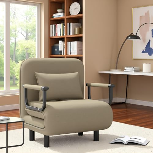 Fabulcozy Schlafsessel 4 in 1 mit Bettfunktion Schlafsofa, Sesse Leinen klappbar Schlafsessel, Schlafsofa mit Metallarmlehnen 100 kg Tragkraft (Khaki, 60 x 58 x 78 cm)