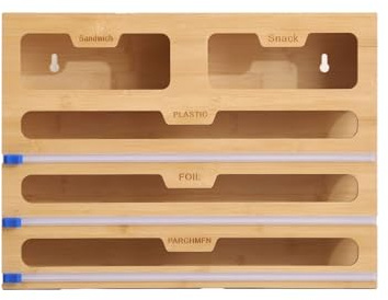 5 in 1 Foil and Plastic Wrap Organizer with Cutter,Bamboo Foil Dispenser and Cutter, 40cm Foil Film Dispenser and Cutter for Aluminum Foil, Parchment Paper, Wax Paper