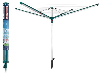 Leifheit Séchoir parapluie Linomatic 500 Deluxe, étendoir à linge avec rétractation automatique des fils, étendoir à linge extérieur avec 50m de fil, jusqu'à 5 machines à laver, douille de sol incluse