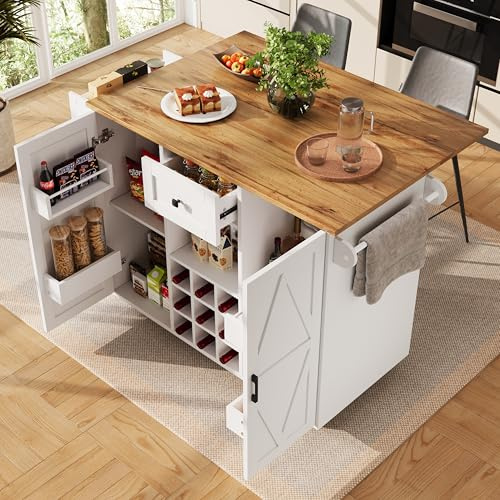 A ALFRESCOOL Isola mobile da cucina, carrello da cucina, tavolo da pranzo allungabile, con venature del legno e spazio di archiviazione, per cucina, sala da pranzo, 137,5 × 65 × 95,6 cm (bianco)