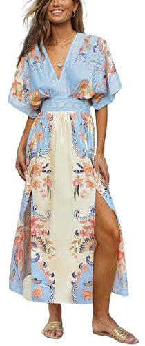 CUPSHE Robe Longue Femme Été Bohème Chic Ethnique Imprimé Floral Col V Manches Kimono Fente Latérale Taille Haute Maxi Fluide pour Plage Vacances