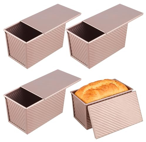 ZOENHOU 4 Pcs Pullman Loaf Tin with Lid, 450g (1lb) Rose Gold Non-Stick Bread Tins, Carbon Steel Loaf Pan for Baking Toast and Cake, 21 x 11.5 x 11cm