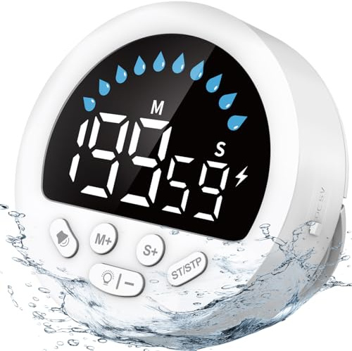 NOKLEAD IPX5 Wasserdichter Dusch-Timer mit Countdown- und Count-up-Funktion, Saugnapf-Wandhalterung, Stoppuhr mit Aufhängeschnur für Küche, Bad, Toilette, Schwimmbad (weiß)