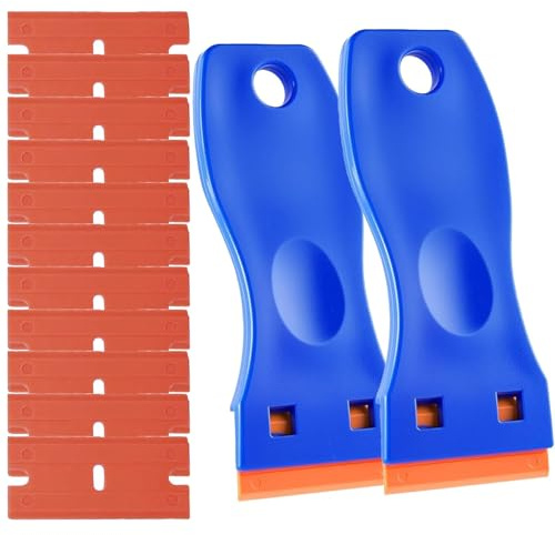 2PCS Plastic Scraper Tool Non Scratch with 100 Plastic Razor Blades,Non Scratch Plastic Scraper Adhesive, for Cleaning Adhesive Residue and Stickers from Car Window Frames Tiles and Floors