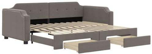 Foknhdi Ausziehbares Tagesbett 100x200 Taupe Stoff 2in1 Schlafsofa mit Stauraum Bettkasten Robustes Holz Metall Rahmen platzsparend für Wohn Schlafzimmer Gäste