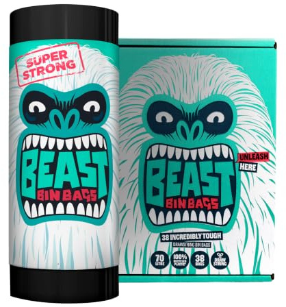 BEAST Bin Bags, 70L Strong, Drawstring, 100% Recycled Plastic (38 Bags) | Heavy Duty & Leak Resistant, Strong Drawstring Closure, Ideal for Household & Garden, Monstrously Strong
